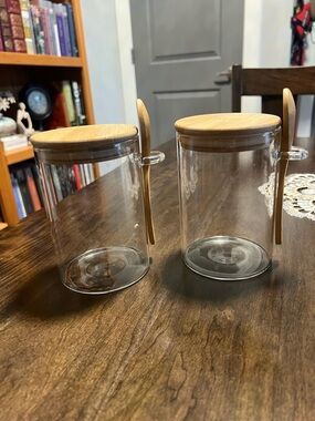 Bamboo Lid Glass Storage Jars with Spoon - Clear Glass